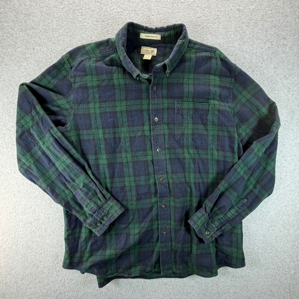 LL Bean Mens XL Flannel Shirt Green Navy Blue Plaid Traditional Fit 228061